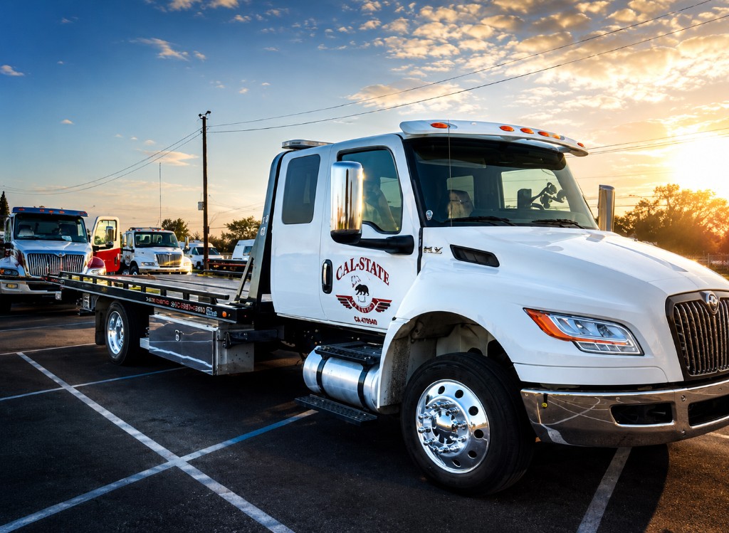 Cal State Towing flatbed truck at golden hour